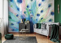 Флизелиновые фотообои фото 312x219 см Нарисованная акварелью на стене птица павлин (14385VEXXL)+клей