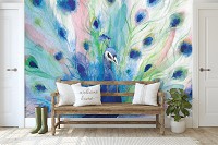 Флизелиновые фотообои в зал 254x184 см Нарисованная акварелью на стене птица павлин (14385V4)+клей