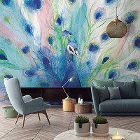 Флизелиновые фотообои 368x254 см Нарисованная акварелью на стене птица павлин (14385V8)+клей