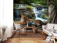 Флизелиновые 3D фотообои джунгли 368x254 см Тигр на фоне водопада (14407V8)+клей