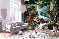 Природа ліс флізелінові 3D фотошпалери 312x219 см Тигр на тлі водоспаду (14407VEXXL)+клей