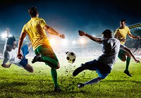 Футбольные флизелиновые фотообои в комнату 3D Спорт Футболисты борются за мяч (14408V)+клей - вид 1 миниатюра