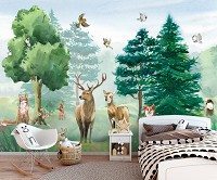 Флізелінові фотошпалери дерева 368x254 см Для дітей акварель лісові звірі (14409V8)+клей