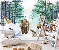 Флізелінові фотошпалери природа 368x254 см Для дітей акварельні лісові звірята (14410V8)+клей