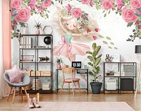 Флизелиновые фотообои в розы 312x219 см Для детей Нарисованная балерина и цветы (14418VEXXL)+клей