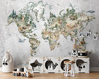 Флізелінові фотошпалери 312x219 см Акварельна карта світу з тваринами для дітей (14421VEXXL)+клей