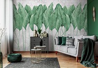 Флизелиновые фотообои в гостиную природа 312x219 см Зеленые листья на бетоне (14428VEXXL)+клей