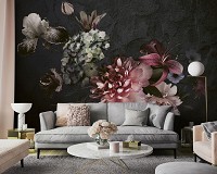 Флизелиновые фотообои 368x254 см Винтажные цветы в темных тонах на черном фоне (14431V8) +клей