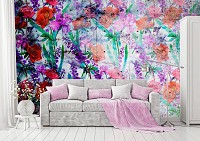 Флизелиновые фотообои в интерьере 312x219 см Разнообразные цветы на белом фоне под бетон (14432VEXXL) +клей