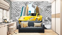 Флизелиновые фотообои кирпич белый 416x254 см Желтая машина и 3Д стена (14436VEXXXL)+клей