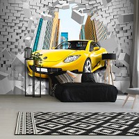 Флизелиновые фотообои 254x184 см Желтая машина и 3Д кирпичная стена (14436V4)+клей