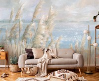 Флизелиновые фотообои живопись 416x290 см Сухая трава на берегу озера в рисованном стиле (14439VEXXXXL) +клей