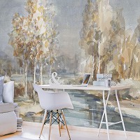 Флизелиновые фотообои живопись искусство 254x184 см Осенний пейзаж реки в рисованном стиле (14443V4) +клей