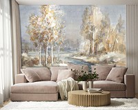 Флизелиновые фотообои живопись искусство 368x254 см Осенний пейзаж реки в рисованном стиле (14443V8) +клей