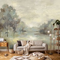 Флизелиновые фотообои живопись искусство 254x184 см Белый зеленый лес в рисованном стиле (14444V4) +клей