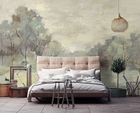 Флизелиновые фотообои живопись искусство 368x254 см Белый зеленый лес в рисованном стиле (14444V8) +клей