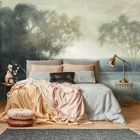 Флизелиновые фотообои живопись искусство 368x254 см Бледный пейзаж водоема в рисованном стиле (14446V8) +клей