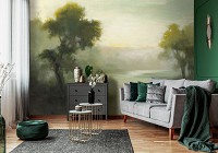 Флизелиновые фотообои живопись искусство 368x254 см Пейзаж реки в весеннее время в рисованном стиле (14447V8) +клей