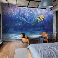 Флизелиновые фотообои в детскую девочке 254x184 см Русалка на темно синем фоне в рисованном стиле (14450V4) +клей