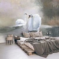 Флизелиновые фотообои птицы живопись искусство 254x184 см Пара белых лебедей в рисованном стиле (14452V4) +клей