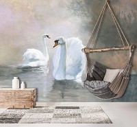 Флизелиновые фотообои птицы живопись искусство 368x254 см Пара белых лебедей в рисованном стиле (14452V8) +клей
