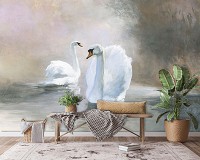 Флизелиновые фотообои птицы живопись искусство 312x219 см Пара белых лебедей в рисованном стиле (14452VEXXL) +клей