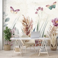 Флизелиновые фотообои живопись искусство 254x184 см Цветы с яркими бабочками в рисованном стиле (14478V4) +клей