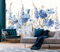 Флизелиновые фотообои живопись искусство 368x254 см Цветы в синем цвете в рисованном стиле (14479V8) +клей