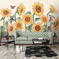 Флизелиновые фотообои цветы живопись искусство 254x184 см Подсолнухи маки и бабочки в рисованном стиле (14480V4) +клей
