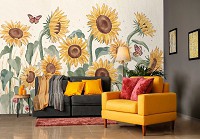 Флизелиновые фотообои цветы живопись искусство 368x254 см Подсолнухи маки и бабочки в рисованном стиле (14480V8) +клей
