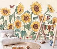 Флизелиновые фотообои цветы живопись искусство 520x318 см Подсолнухи маки и бабочки в рисованном стиле (14480VEXXXXXL) +клей