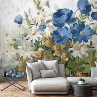 Флизелиновые фотообои живопись искусство 254x184 см Разноцветные весенние цветы в рисованном стиле (14484V4) +клей