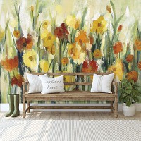 Флизелиновые фотообои живопись искусство 254x184 см Желтые и красные цветы в рисованном стиле (14489V4) +клей