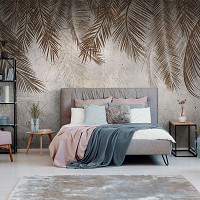 Флизелиновые фотообои для спальни 312x219 см Листья на стене из бетона (14496VEXXL)+клей