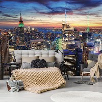 Флизелиновые 3Д фотообои город в интерьере кухни 312x219 см Городской пейзаж Нью-Йорка (14498VEXXL)+клей