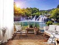 Флизелиновые 3Д фотообои в интерьере 368x254 см Пейзаж природа водопад в лесу (14506V8)+клей