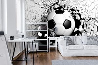 Флизелиновые черно-белые фотообои 3d детские для мальчиков 254x184 см Спорт - стена и футбольный мяч (14508V4)+клей