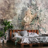 Красивые флизелиновые фотообои на кухню 416x290 см Структура стены - цветы и листья (14509VEXXXXL)+клей