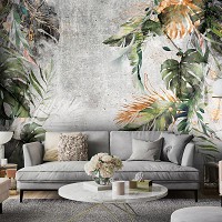 Флизелиновые фотообои ретро 312x219 см Большие листья на бетонной стене (14510VEXXL)+клей