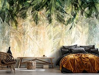 Флизелиновые фотообои имитация бетона 368x254 см Настенная гирлянда из листьев (14512V8)+клей