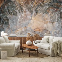 Флизелиновые фотообои на кухню 312x219 см Листья монстеры на бетонной стене (14513VEXXL)+клей