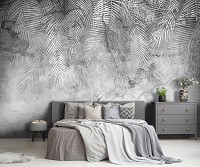 Красивые флизелиновые фотообои на кухню 368x254 см Серые листья пальмы на бетонной стене (14514V8)+клей