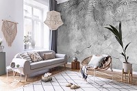 Красивые флизелиновые фотообои на кухню 416x254 см Серые листья пальмы на бетонной стене (14514VEXXXL)+клей