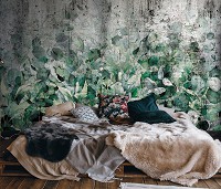 Флізелінові фотошпалери під бетон 254x184 см Зелене листя на стіні (14515V4)+клей