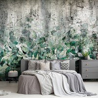 Флизелиновые фотообои имитация бетона 312x219 см Зеленые листья на стене (14515VEXXL)+клей