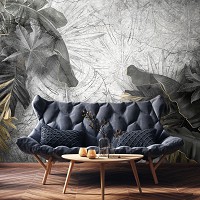 Флизелиновые фотообои под бетон 368x254 см Большие серые листья на стене (14516V8)+клей