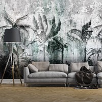 Флизелиновые фотообои с листьями 368x254 см Джунгли на бетонной стене (14518V8)+клей