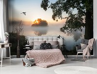 Захід сонця флізелінові фотошпалери 368x254 см Краєвид природи озеро туман (14521V8)+клей