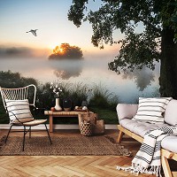 Красивые флизелиновые фотообои на кухню 254x184 см Пейзаж природа озеро туман (14521V4)+клей