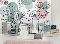 Флизелиновые фотообои в спальню над кроватью 312x219 см Нарисованные цветы и круги (14525VEXXL)+клей